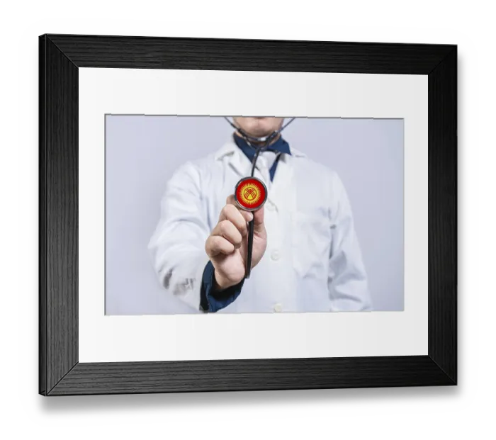 Framed Print : Doctor hands holding stethoscope with Kyrgyzstan flag