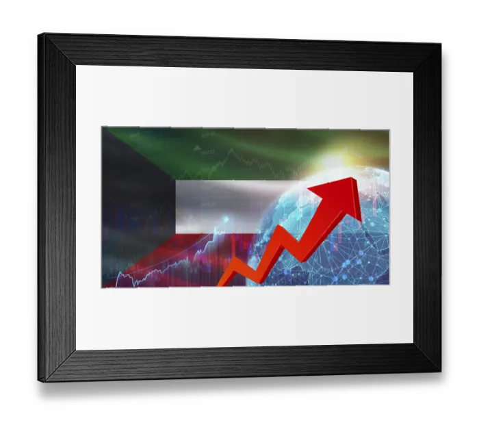 Framed Print : Global financial growth with Kuwait flag