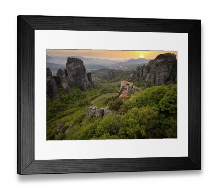 Framed Print : Sunset over the Monastery of Rousanou and the Monastery of St Nicholas Anapavsa