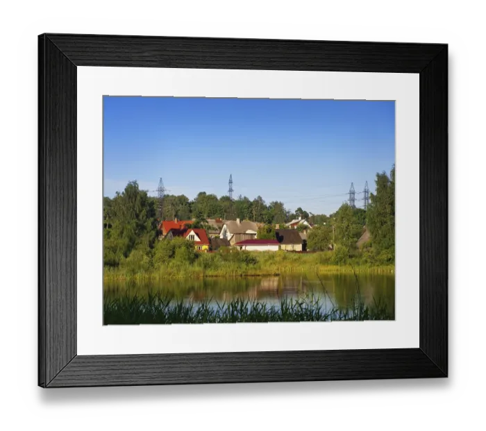 Framed Print : Group of houses in the forest near the river Framed Print : Group of houses in the forest near the river