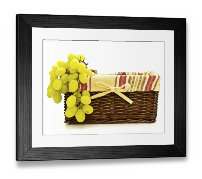 Framed Print : Green Grape In Handmade Basket For Food Against The White Background Framed Print : Green Grape In Handmade Basket For Food Against The White Background