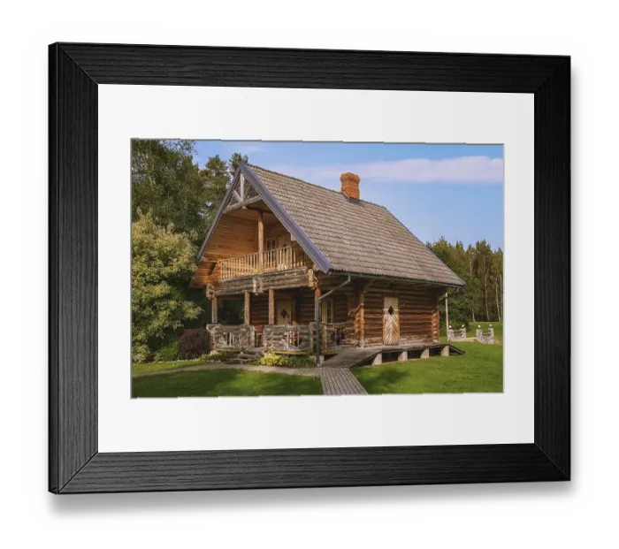Framed Print : Wooden house in a rural area, Latvia Barbele