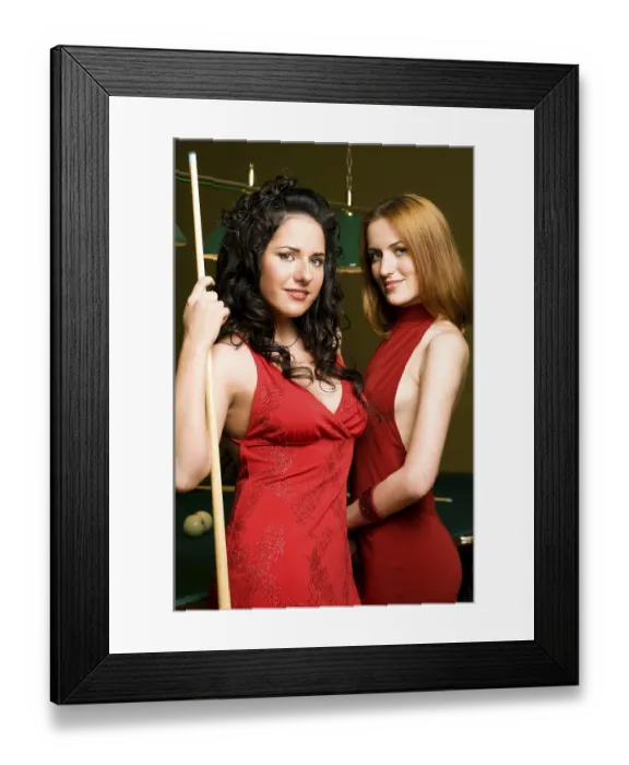 Framed Print : Two beautiful girls playing billiards
