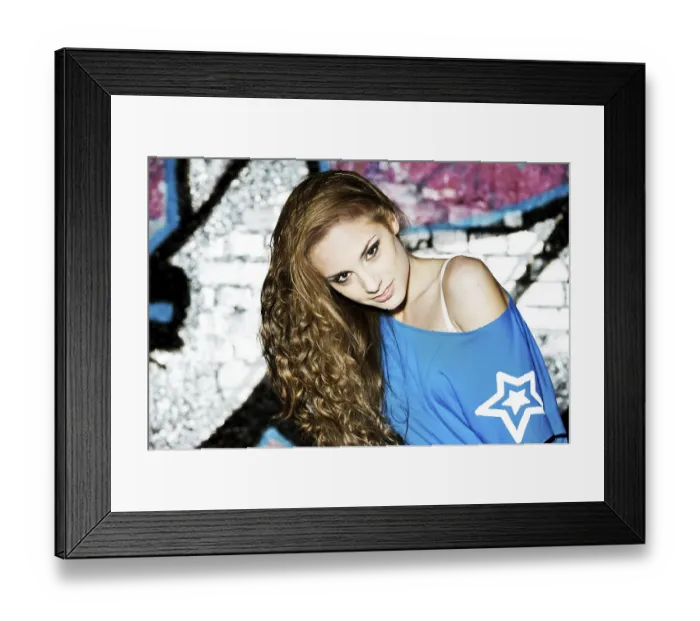 Framed Print : Portrait of beautiful young woman with wall graffiti background