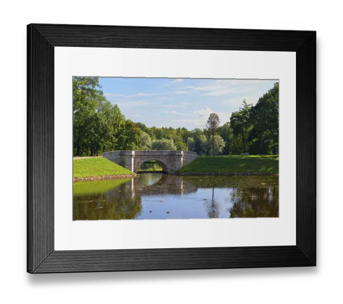 Framed Print : Summer landscape with lake and bridge in Gatchina park Framed Print : Summer landscape with lake and bridge in Gatchina park