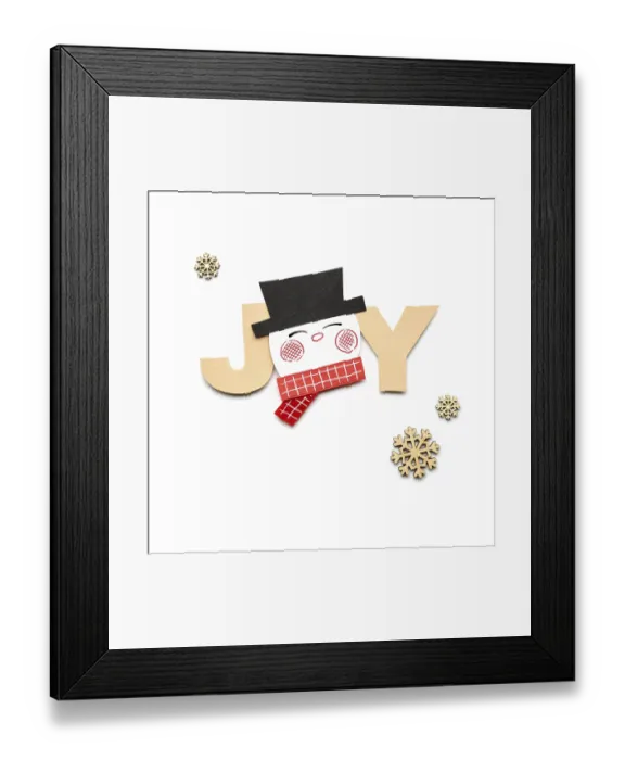 Framed Print : Creative photo of a paper snowman with joy sign on a white background