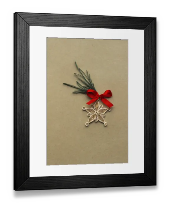 Framed Print : Creative Christmas concept photo of a snowflake made of qulling paper on brown background
