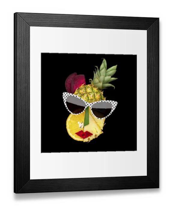 Framed Print : Creative concept photo of a female face in cubist style with sunglasses made of fruit and vegetables