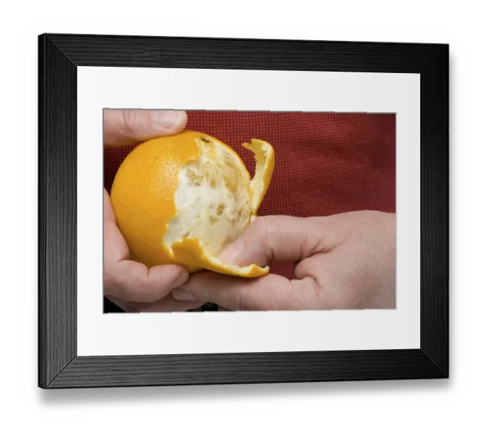 Framed Print : A person in the process of peeling an orange