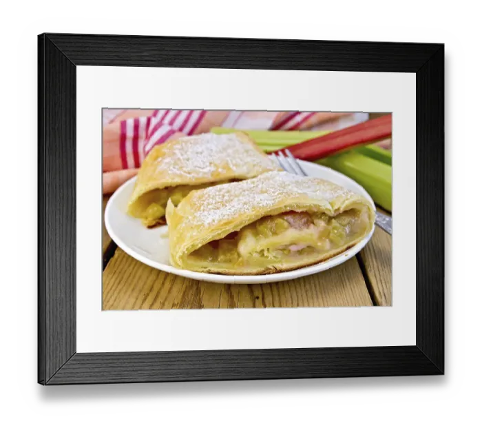 Framed Print : Strudel with rhubarb and fork on the plate Framed Print : Strudel with rhubarb and fork on the plate