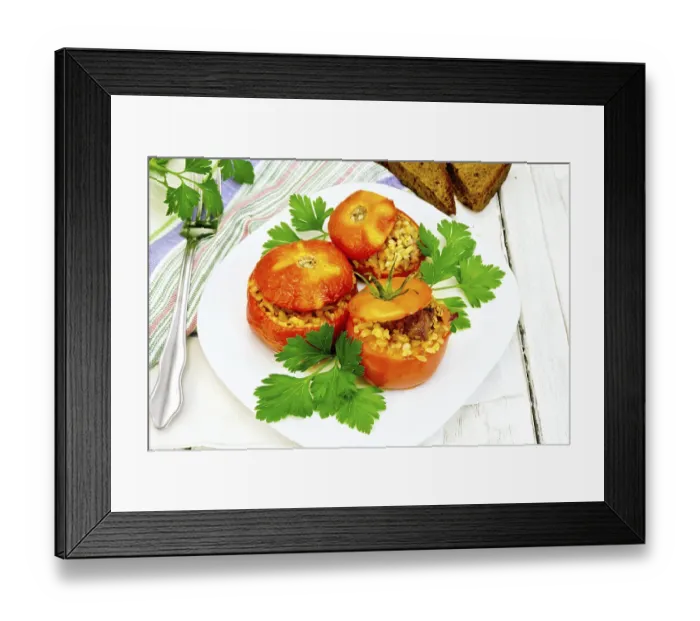 Framed Print : Tomatoes stuffed with meat and steamed wheat bulgur in a white plate
