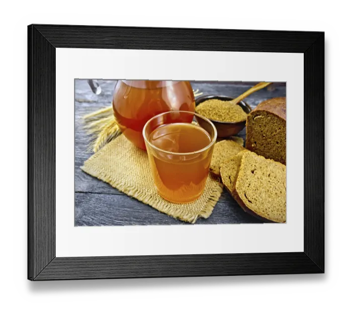 Framed Print : Kvass in glassful and glass jug on burlap