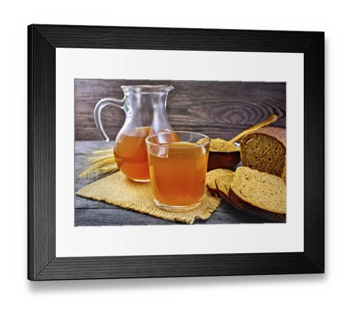 Framed Print : Kvass in glassful and glass jug on burlap