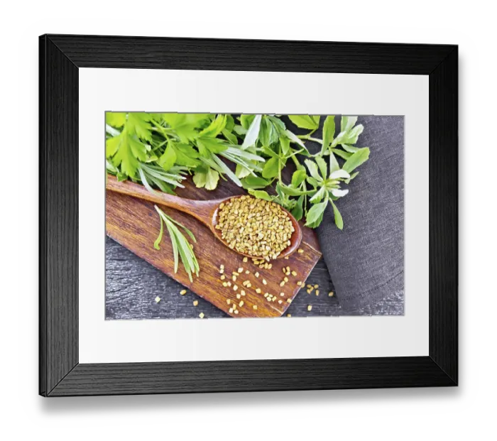 Framed Print : Fenugreek seeds in a spoon on a brown plate with spicy herbs