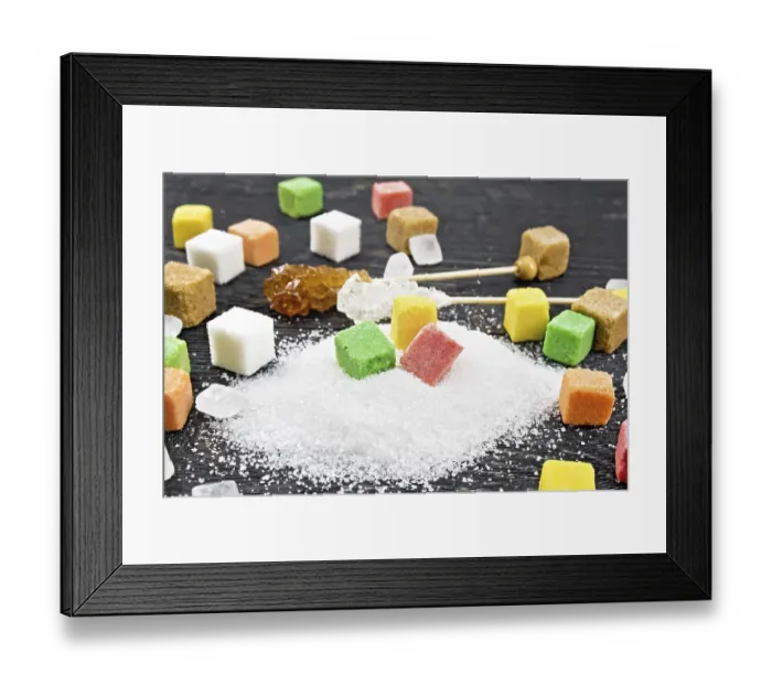 Framed Print : Sugar of white, brown, pink, green