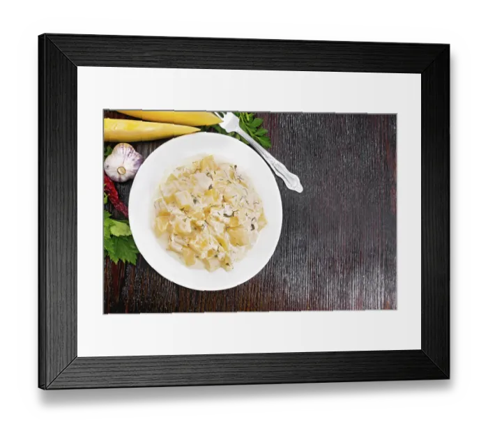 Framed Print : Fried pumpkin with garlic, spices and herbs in a sour cream sauce in a plate Framed Print : Fried pumpkin with garlic, spices and herbs in a sour cream sauce in a plate