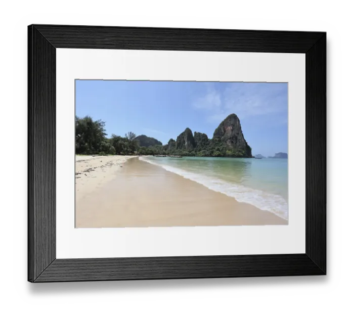 Framed Print : White sand on a beach and rocks