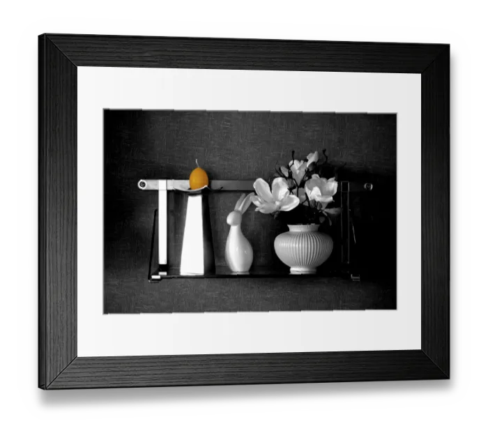 Framed Print : A wall shelf made of metal and glass serves as a base for various still lifes Framed Print : A wall shelf made of metal and glass serves as a base for various still lifes