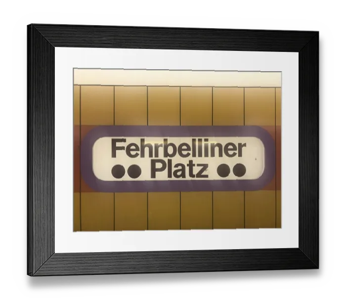 Framed Print : Beuatiful 1970s station sign at the subway station Fehrbelliner Platz in Berlin