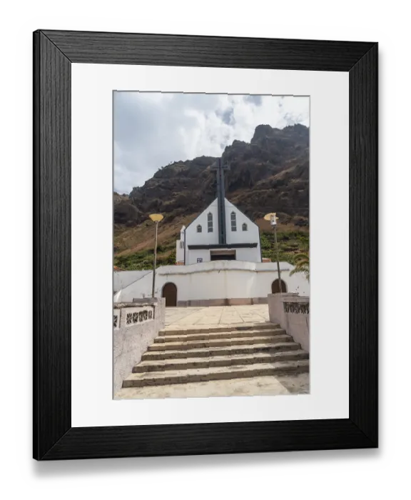 Framed Print : White church in the village of Paul do Mar in summer in the east of Madeira