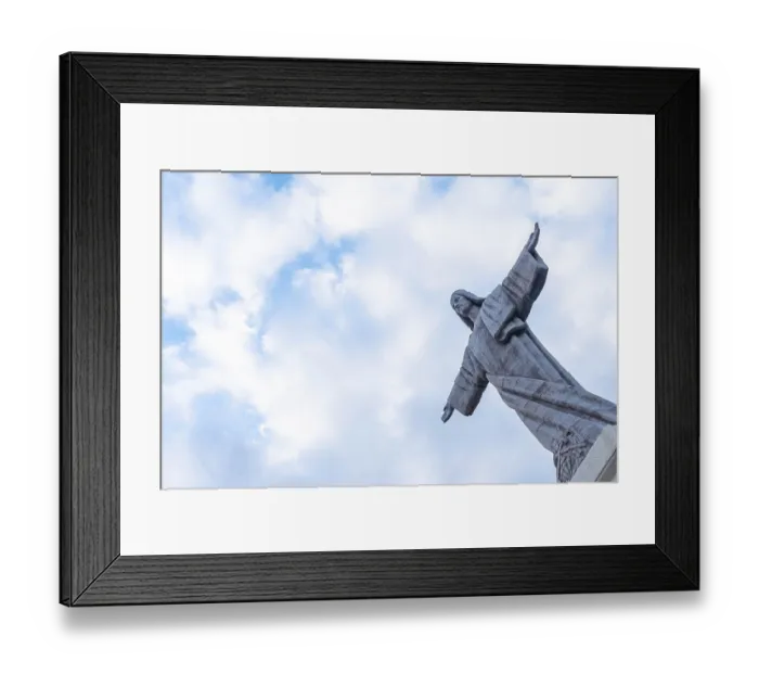 Framed Print : Sculpture detail of Mirador de Cristo Rei in Funchal in summer with clouds