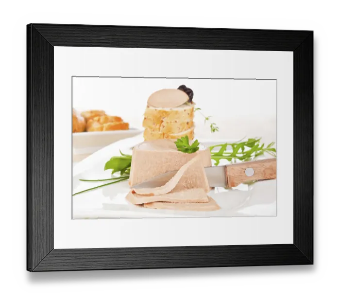 Framed Print : Delicious pate on white plate. Pastry in background