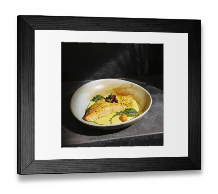 Framed Print : Food, A beautifully presented salmon fillet rests on a creamy yellow sauce Framed Print : Food, A beautifully presented salmon fillet rests on a creamy yellow sauce