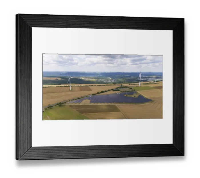 Framed Print : Solar panel station, wind turbine park
