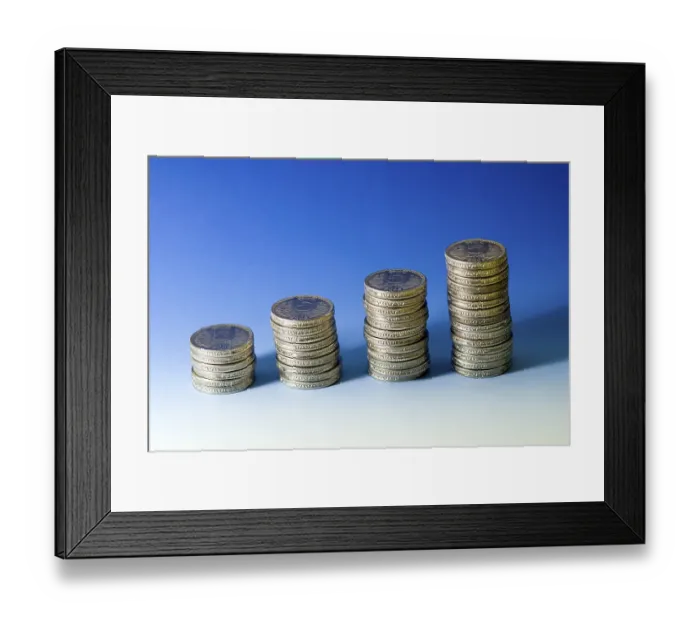 Framed Print : Concept, growth Indian five rupees coins arrange in stack on blue white background
