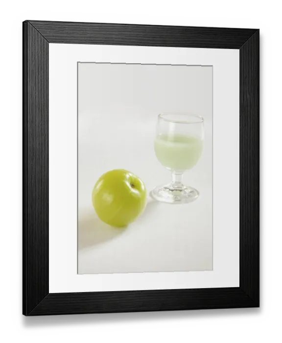 Framed Print : Fruit and drink, Indian Gooseberry Emblica Amla Emblica officinalis with glass of juice wonderful medicine