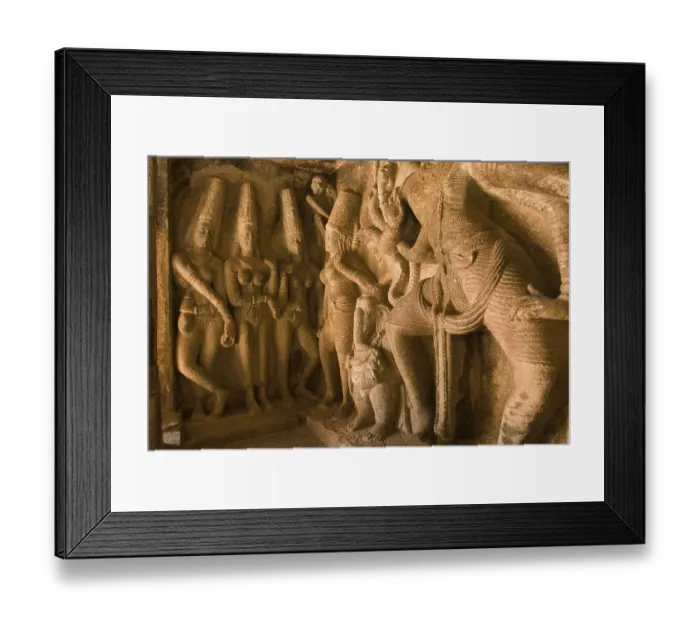 Framed Print : Bas relief in Ravanaphadi cave temple in Aihole