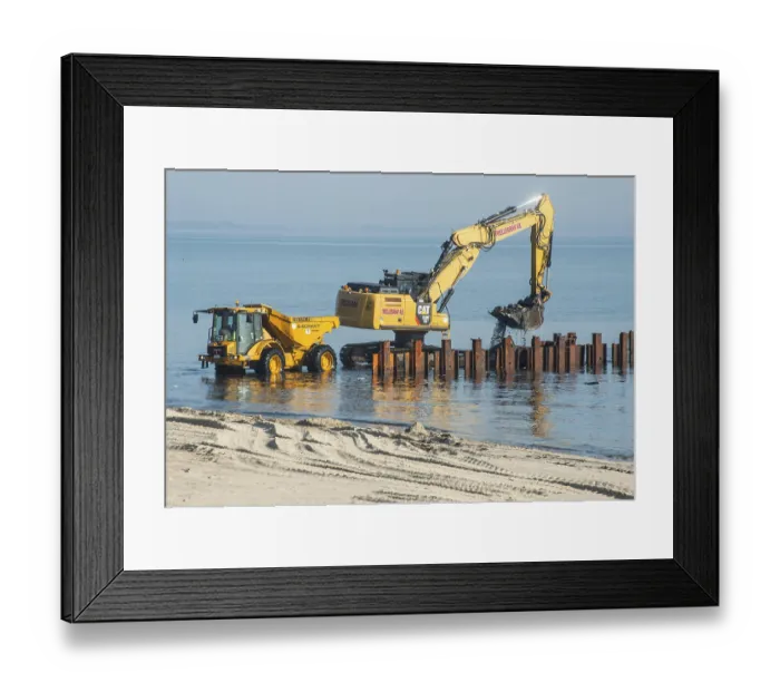 Framed Print : Excavator used in the repair and construction of bathing jetties at Ystads Saltsjobad