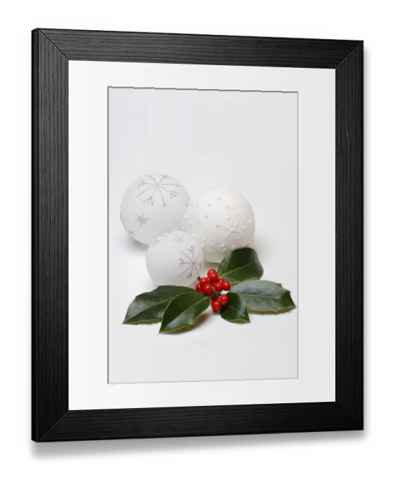 Framed Print : Holly branch and Christmas baubles