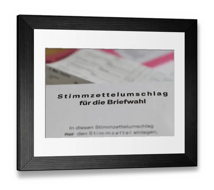 Framed Print : Ballot paper envelope, postal voting documents for the Bundestag election