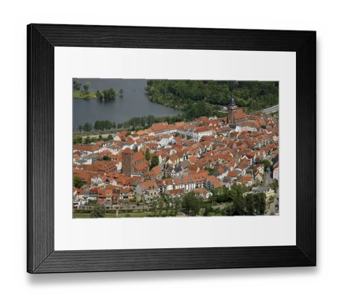 Framed Print : Aerial view, Marina Waren, half-timbered houses at the New Market