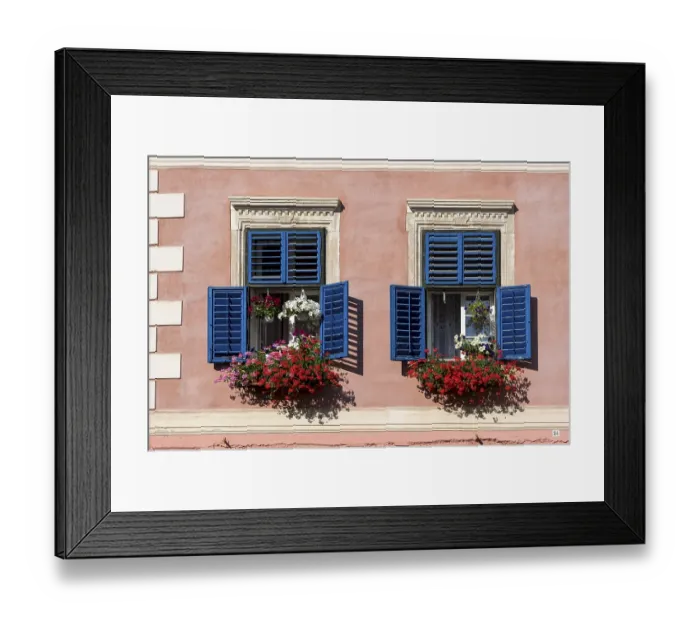 Framed Print : Blue windows with flowerpots of a house on Piata Mica