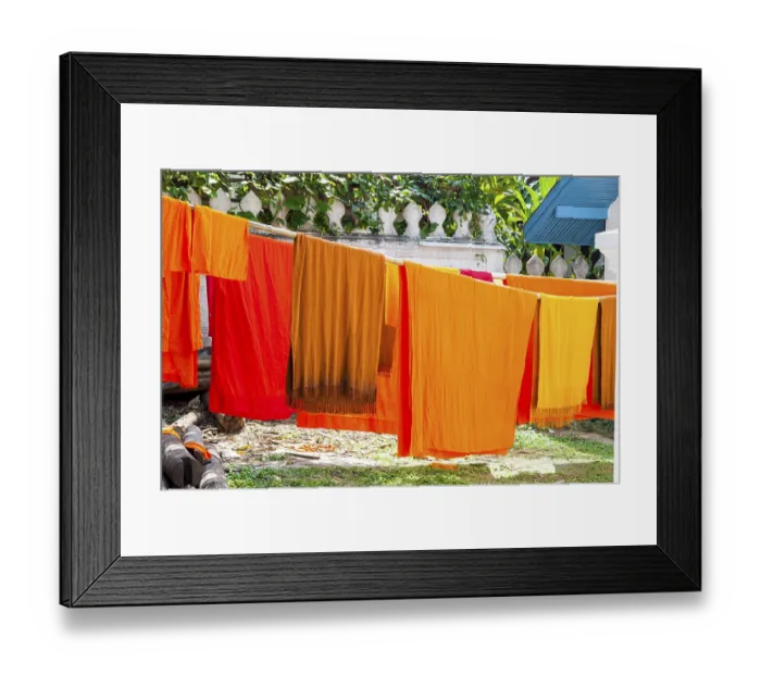 Framed Print : Orange clad robes aka. buddhist monks clothes drying outside