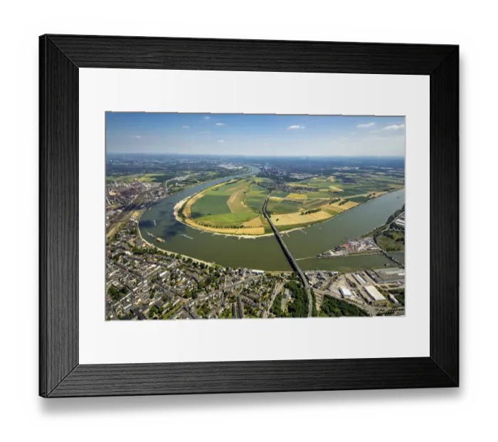 Framed Print : Flood prevention, Rhine dike at Mundelheim with Uerdingen opposite and BundesstraBe 288 bridge