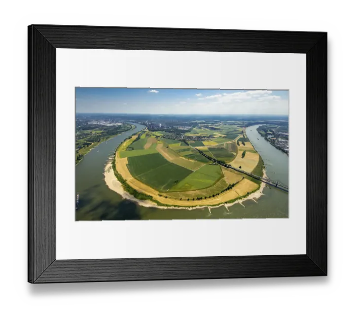 Framed Print : Flood prevention, Rhine dike at Mundelheim with Uerdingen opposite and BundesstraBe 288 bridge