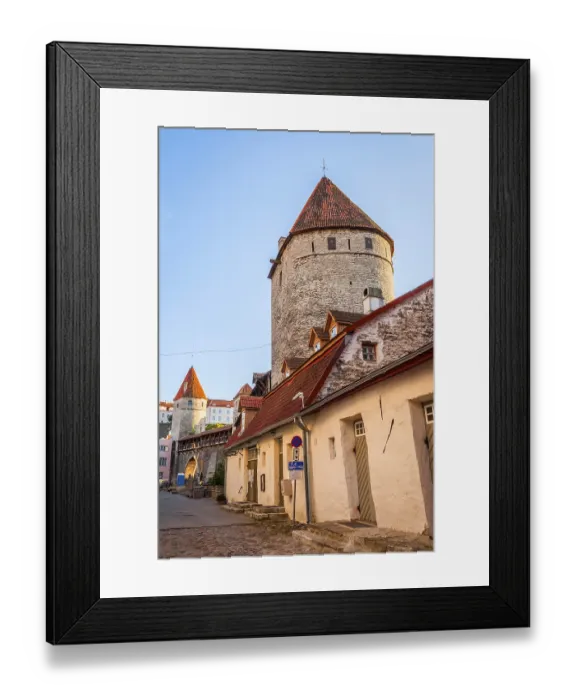 Framed Print : View on ancient street with medieval wall of Tallinn