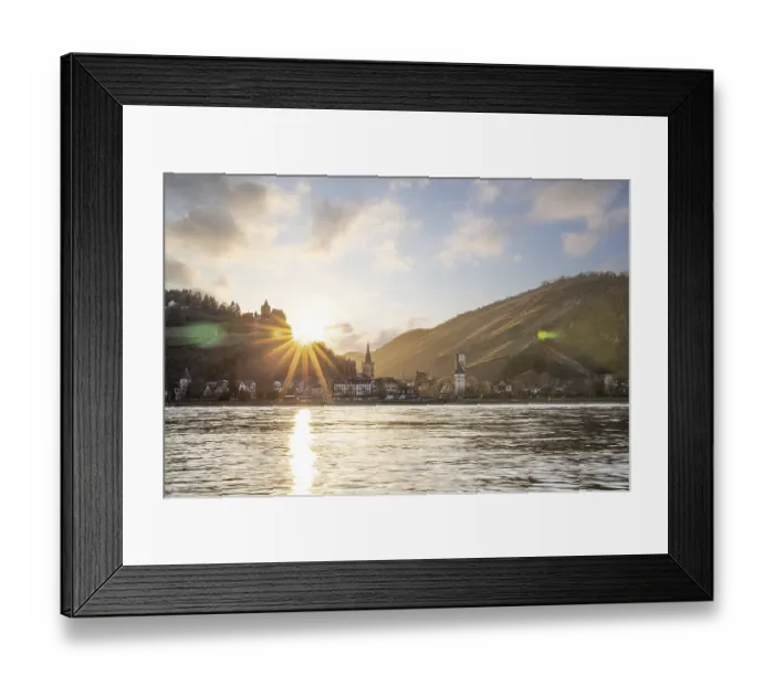 Framed Print : Sunset over the hills by the river