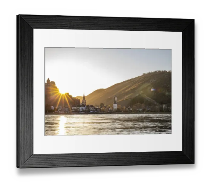 Framed Print : Sunset over the hills by the river