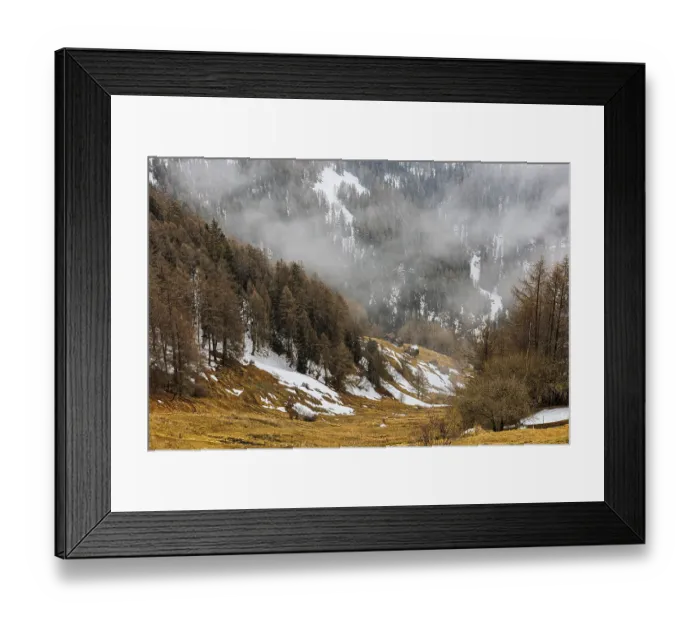 Framed Print : Wooded steep slope with snow remains and alpine huts