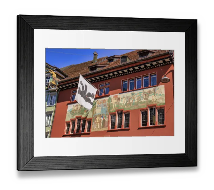 Framed Print : Facade of old building with murals in Appenzell