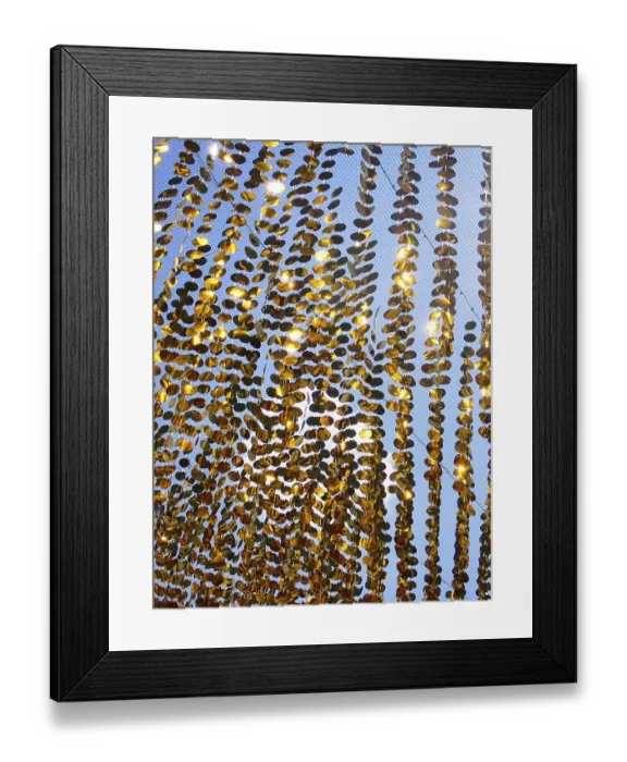 Framed Print : Golden garlands shine in the sun as a background