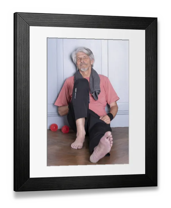 Framed Print : Elderly man with fitness outfit and fitness balls resting after training