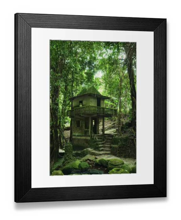 Framed Print : An ancient stone house surrounded by dense and overgrown forest