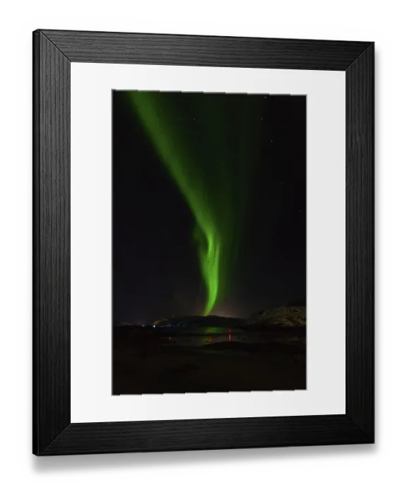 Framed Print : Vertical stream of green aurora over dark hills