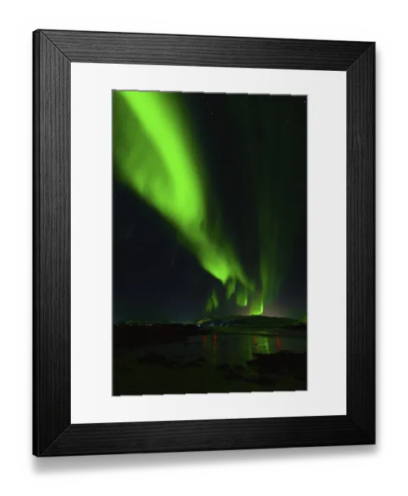 Framed Print : Vibrant green northern lights illuminating a tranquil night