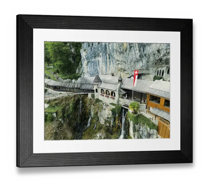 Framed Print : A charming chalet with a red flag Framed Print : A charming chalet with a red flag